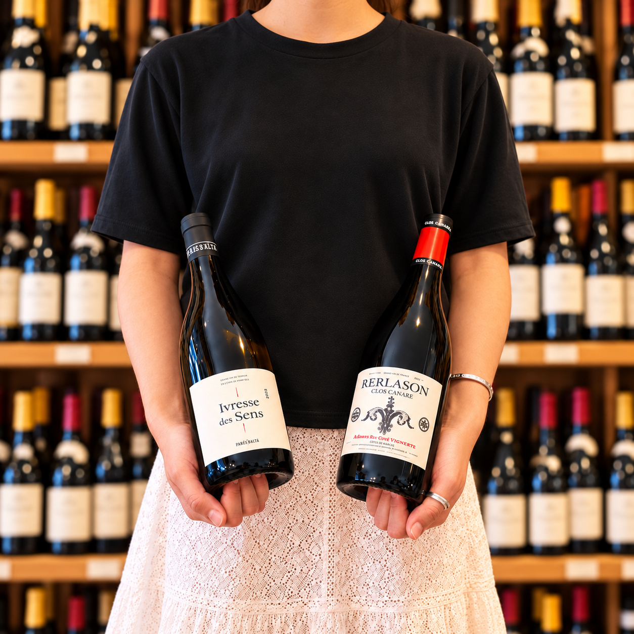 Personne tenant deux bouteilles de vin bio devant une cave à vin, pour illustrer l’Oenobox 100 % BIO d’Oenofeel.